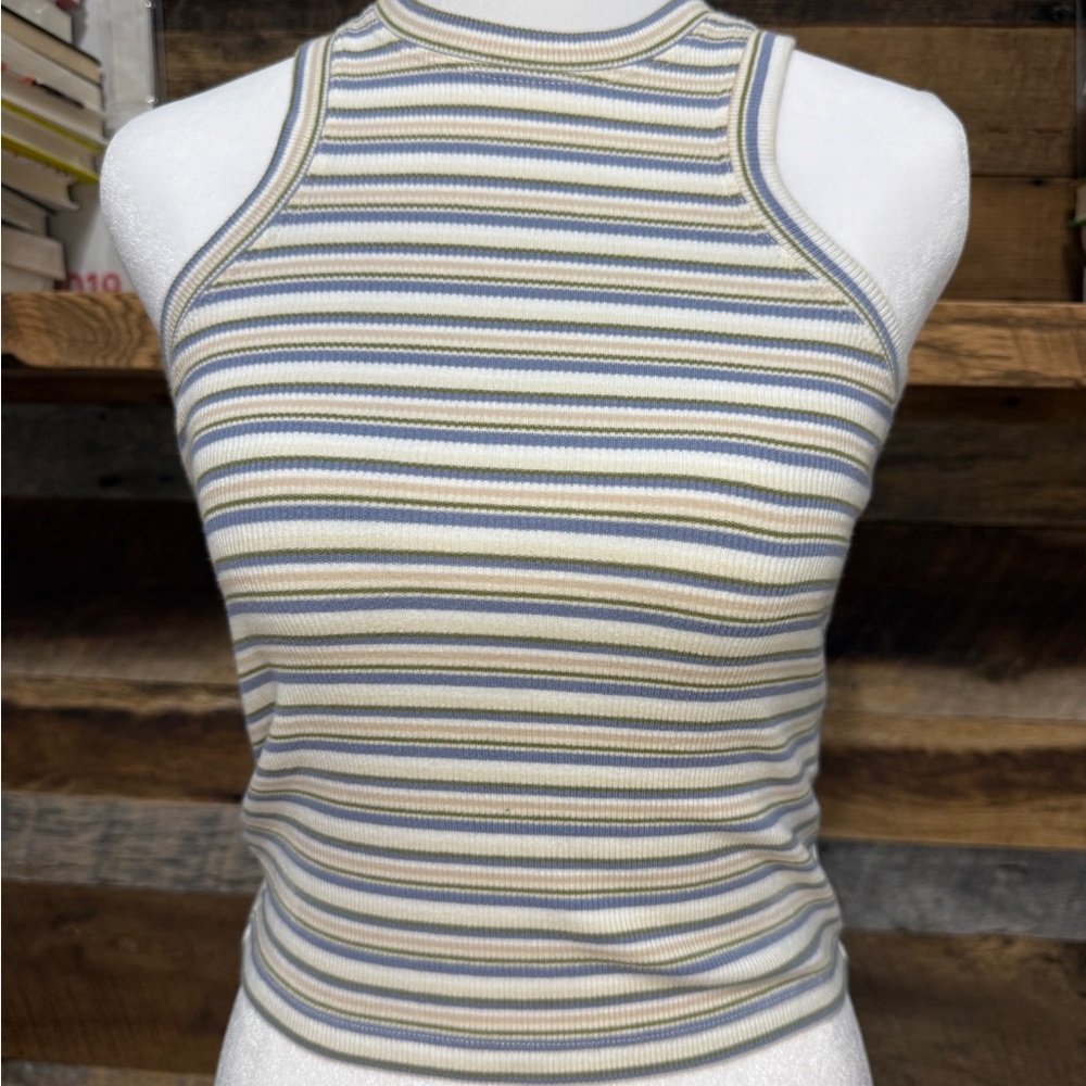 Abercrombie & Fitch Cream, Blue & Olive Striped Ribbed Racer Tank
